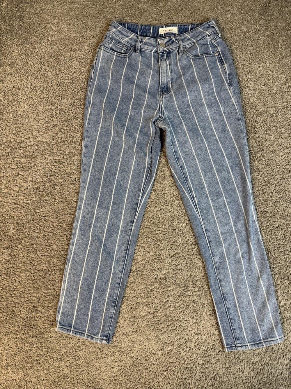 PacSun Jeans Womens 25 Blue Striped Mom High Waist Relaxed Light Wash 26 Inseam